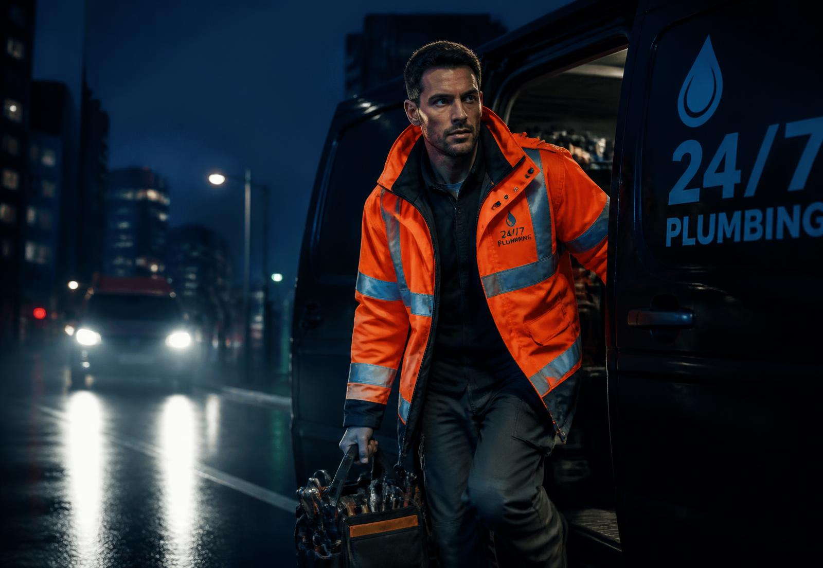 Emergency plumber in a safety orange jacket stepping out of a van at night